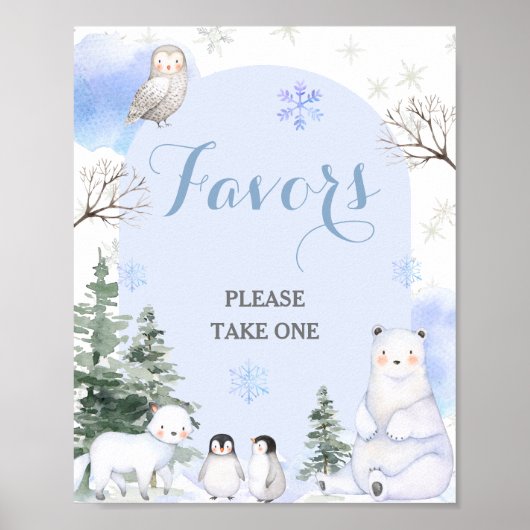 ARCTIC ANIMAL Snowflakes Trees Baby shower Favors Poster (Voorkant)