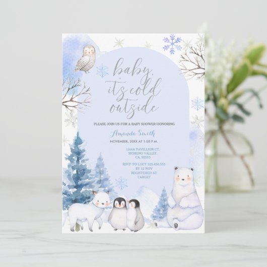 ARCTIC ANIMAL Snowflakes Trees Baby shower Kaart (Staand voorkant)