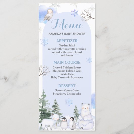 ARCTIC ANIMAL Snowflakes Trees Baby shower Menu (Voorkant)