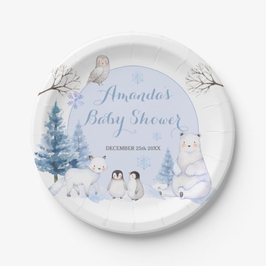 ARCTIC ANIMAL Snowflakes Trees Baby shower Papieren Bordje (Voorkant)