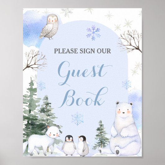 ARCTIC ANIMAL Snowflakes Trees Guest Book Douche Poster (Voorkant)