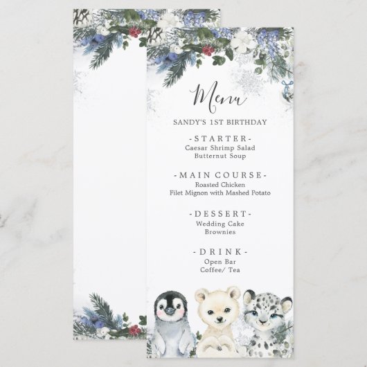 Arctic Animal Winter Onederland 1e Verjaardag Menu (Voorkant / Achterkant)