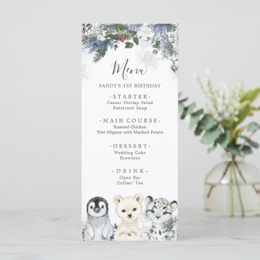 Arctic Animal Winter Onederland 1e Verjaardag Menu (Staand voorkant)