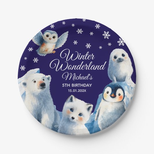 Arctic Animals Blue Winter Kids' Birthday Party Papieren Bordje (Voorkant)