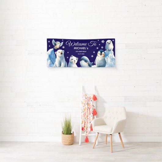 Arctic Animals Blue Winter Kinderen Verjaardag Wel Spandoek (Insitu)