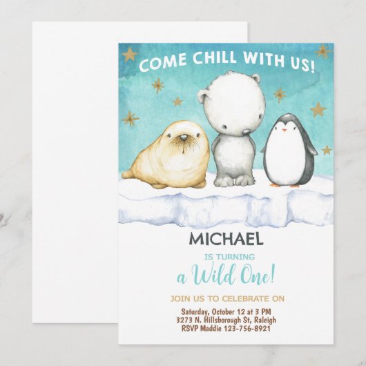 Arctic Animals Boy verjaardagsuitnodiging. Kaart (Voorkant / Achterkant)