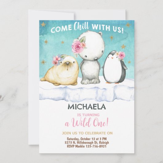 Arctic Animals meisje verjaardag uit te nodigen. Kaart (Voorkant)