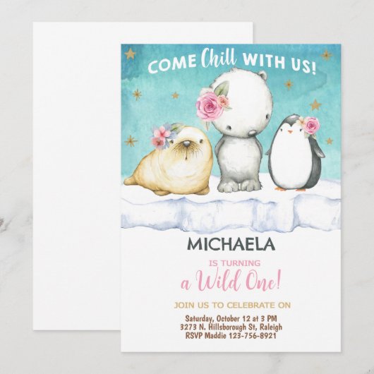 Arctic Animals meisje verjaardag uit te nodigen. Kaart (Voorkant / Achterkant)