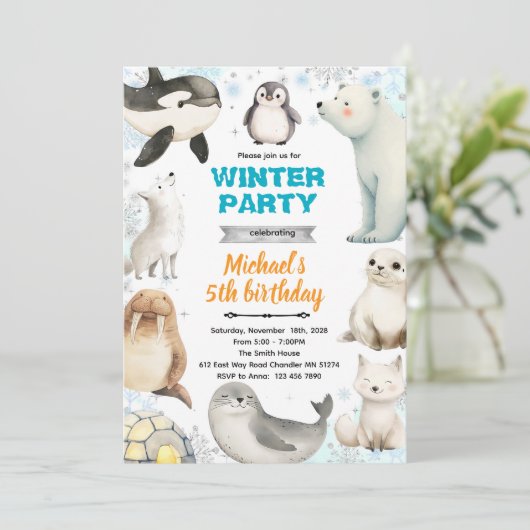 Arctic Animals theme invite Kaart (Staand voorkant)