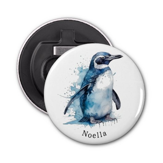 Arctic Azure Waterverf Penguin, op maat Button Flesopener (Voorkant)