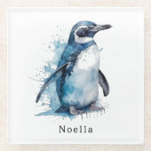 Arctic Azure Waterverf Penguin, op maat Glazen Onderzetter (Voorkant)