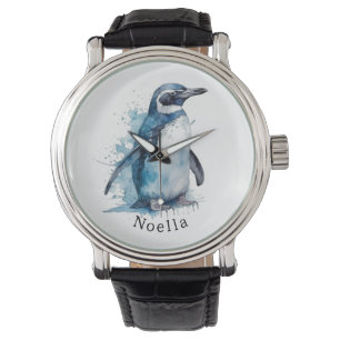 Arctic Azure Waterverf Penguin, op maat Horloge