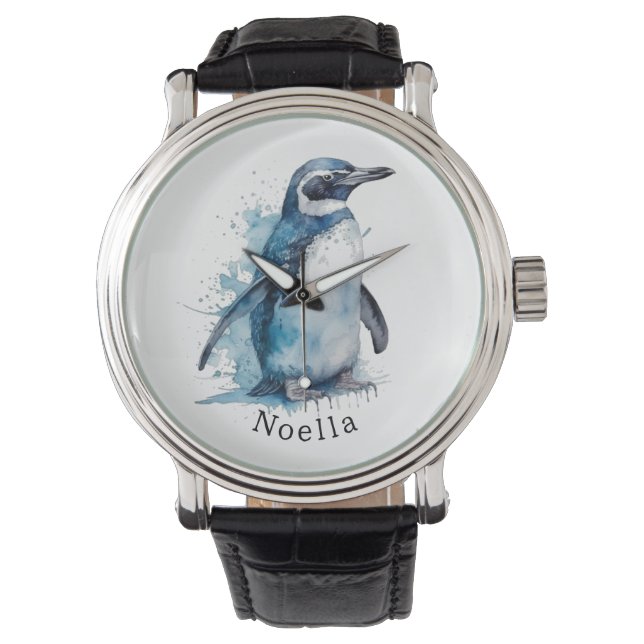 Arctic Azure Waterverf Penguin, op maat Horloge (Voorkant)