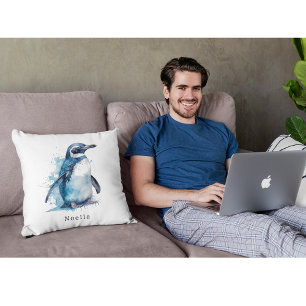 Arctic Azure Waterverf Penguin, op maat Kussen