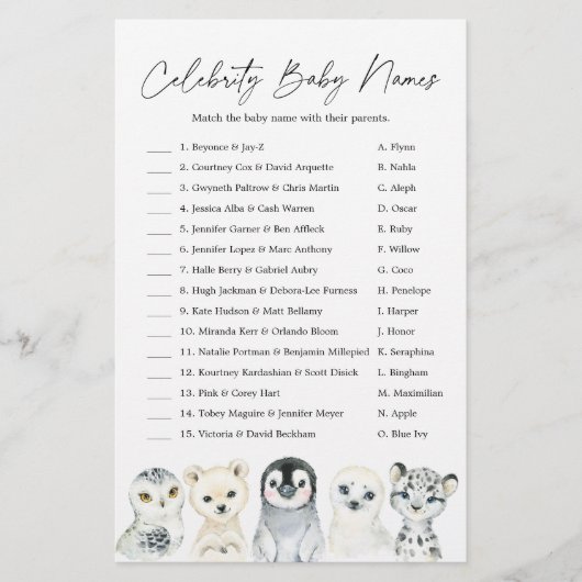 Arctic Baby shower Celebrity Baby Names Game (Voorkant)