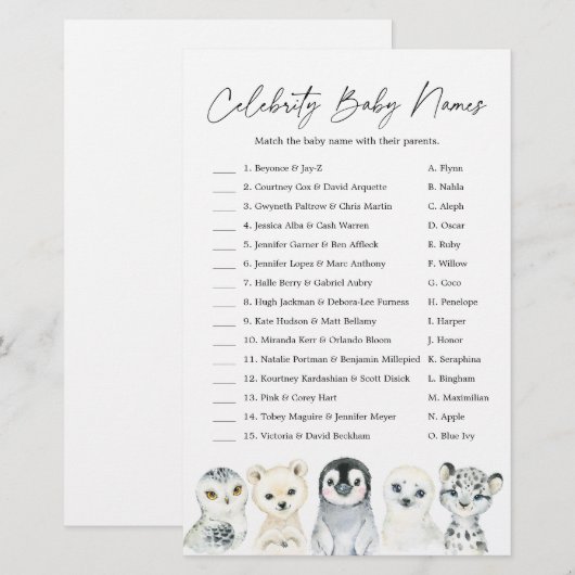 Arctic Baby shower Celebrity Baby Names Game (Voorkant / Achterkant)