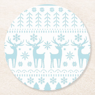 Arctic Blue Folk Art Winter Theme Ronde Kartonnen Onderzetter