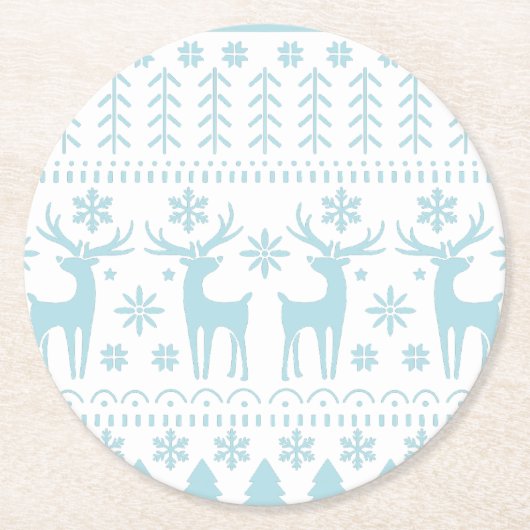 Arctic Blue Folk Art Winter Theme Ronde Kartonnen Onderzetter (Voorkant)