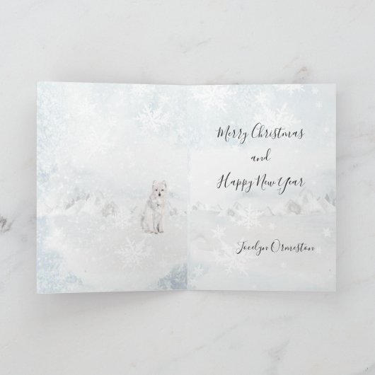 Arctic Fox Blustering Winter Scene Snowflakes Feestdagen Kaart (Binnen)
