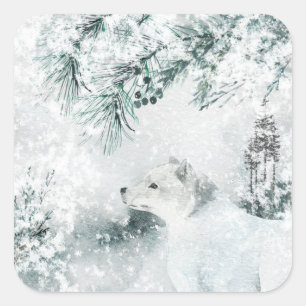 Arctic Fox Blustering Winter Woodland Snow Storm Vierkante Sticker