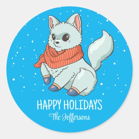 Arctic Fox KerstAnimal Snowy Winter Holiday Ronde Sticker (Voorkant)