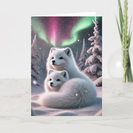 Arctic Fox Pair Aurora Borealis Wintery Woodland Feestdagen Kaart