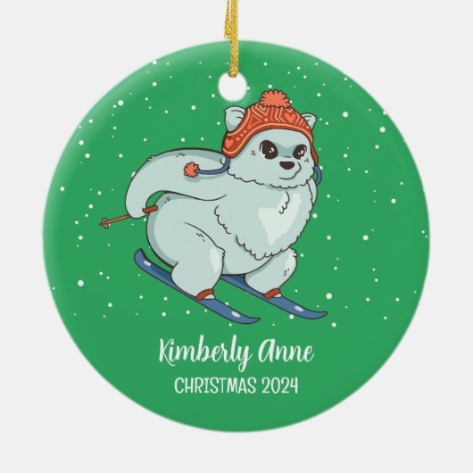 Arctic Fox Skiing Christmas Snowy Winter Holiday Keramisch Ornament (Achterkant)