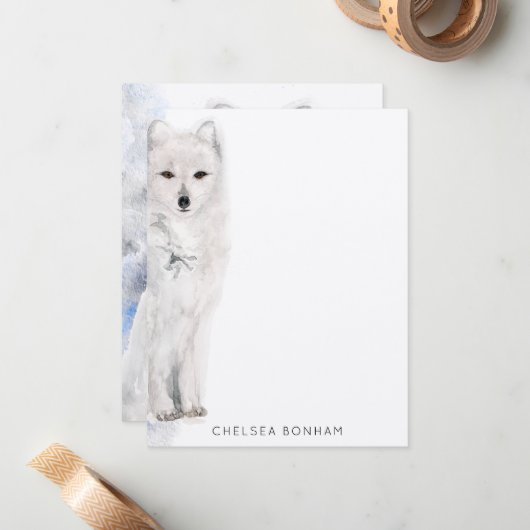 Arctic Fox Waterverf Notitiekaartje (Voorkant / Achterkant in situ)