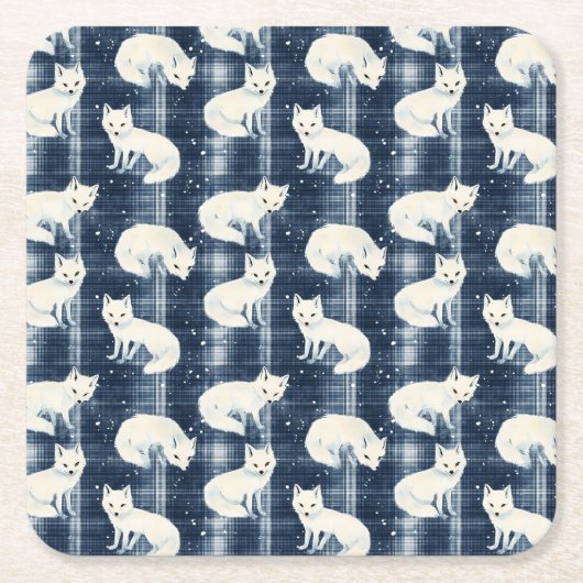 Arctic Fox Winter Christmas Tartan Plaid Pattern 2 Kartonnen Onderzetters (Voorkant)