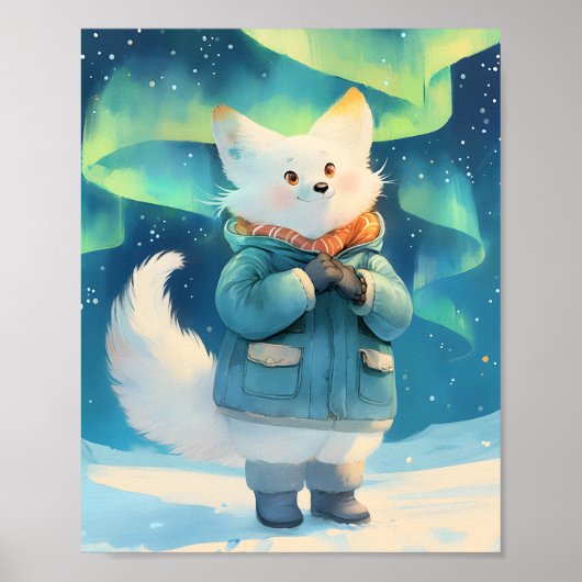 Arctic Fox With Aurora Borealis Nursery Wall Art  Poster (Voorkant)
