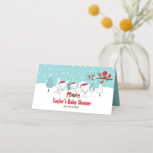 Arctic Foxes KerstWoodland Baby shower Plaatskaartje (Achterkant)