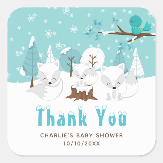 Arctic Foxes Winter Baby shower Hartelijk dank Vierkante Sticker (Voorkant)
