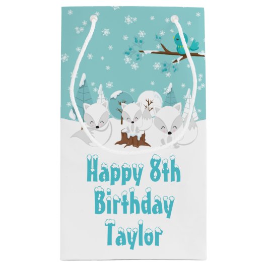 Arctic Foxes Winter Blue Happy Birthday Small Gift Klein Cadeauzakje (Achterkant)