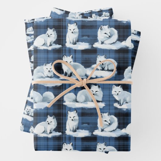 Arctic Foxes Winter Christmas Tartan Plaid Pattern Inpakpapier Vel (In situ)