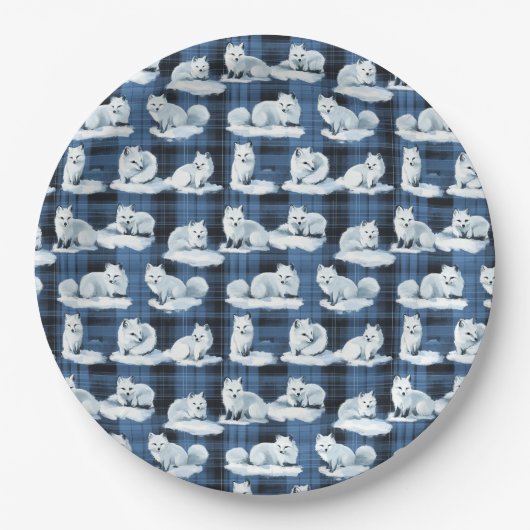 Arctic Foxes Winter Christmas Tartan Plaid Pattern Papieren Bordje (Voorkant)