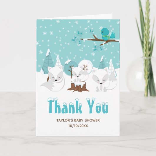 Arctic Foxes Winter Wonderland Baby shower Bedankkaart (Voorkant)