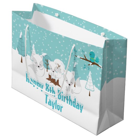 Arctic Foxes Winter Woodland Happy Birthday Grote Groot Cadeauzakje (Voorkant Gekanteld)
