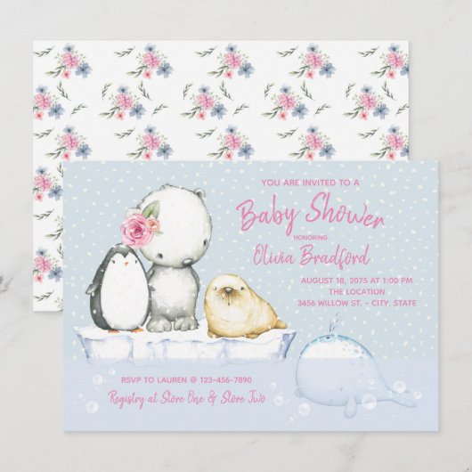 Arctic Friends Winter Baby Shower Uitnodigingen (Voorkant / Achterkant)