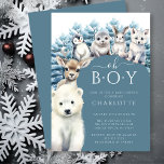 Arctic Friends Winter Boys Baby shower Uitnodiging<br><div class="desc">Deze schattige winterboomuitnodiging bevat arctische dierenvrienden, waaronder een pooldier, rendier, pinguïn, zeehond, konijn en wolf, met een achtergrond van besneeuwde baby shower beren. De uitnodiging is geplaatst op een gebogen blauwe achtergrond met de woorden "Oh Boy!" in een speels lettertype aan de bovenkant. De datum, tijd en locatie van het...</div>