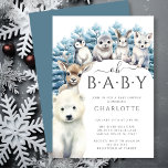 Arctic Friends Winterneutraal Baby shower Kaart<br><div class="desc">Deze schattige winterboomuitnodiging bevat arctische dierenvrienden, waaronder een pooldier, rendier, pinguïn, zeehond, konijn en wolf, met een achtergrond van besneeuwde baby shower beren. De uitnodiging is geplaatst op een gebogen witte achtergrond met de woorden "Oh Baby!" in een speels lettertype aan de bovenkant. De datum, tijd en locatie van het...</div>