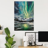 Arctic Nocturne: Winterlandschap en Noordelijk Lig Poster (Thuiskantoor)