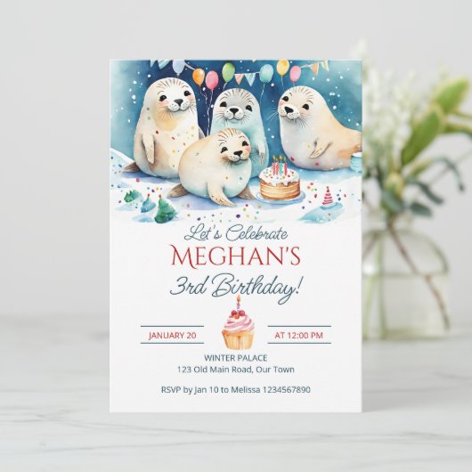 Arctic seal winterverjaardag bewerkbare sjabloon kaart (Staand voorkant)