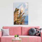 Arctic Snowy Owl, Beach driftwood en Mt. Baker Canvas Afdruk (Insitu (Woonkamer))