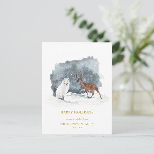 ARCTIC WINTER Animal Gold Script Minimalist Feestdagenkaart (Staand voorkant)
