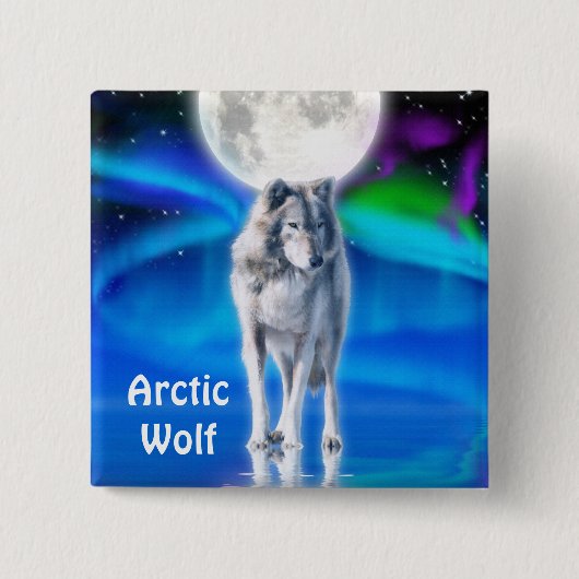 Arctic Wolf, Moon & Aurora Wildlife Button (Voorkant)