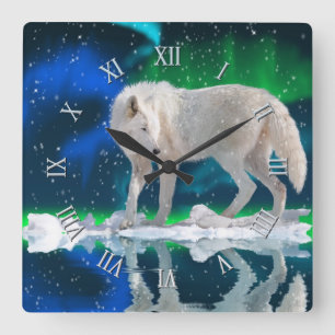 Arctic Wolf, Sneeuw & Aurora Wildlife Art Klok