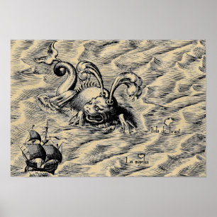 Arctic Zee Monster & Sailing Ship Sepia Wereldkaar Poster