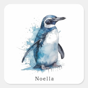 Arctische Azure Waterverf Pinguïn, op maat gemaakt Vierkante Sticker