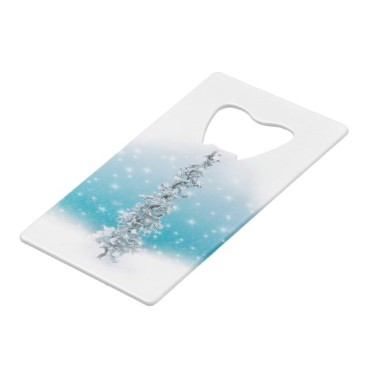 Arctische blauwe bevroren zilverspartijen creditkaart flessenopener (Voorkant Gekanteld)