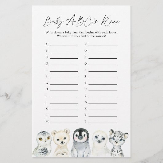 Arctische dieren Baby shower ABC's Race Game (Voorkant)